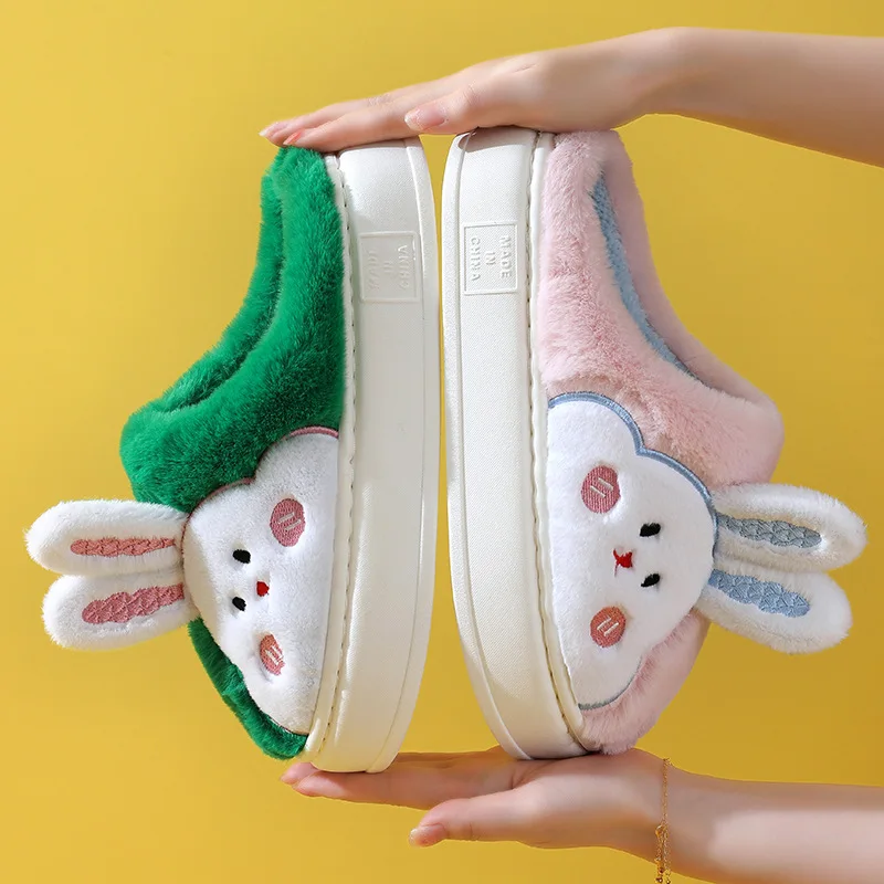 Chaussons d'intérieur en peluche coordonnants pour hommes et femmes, Kawaii, lapin, ours, contton, chaud, mignon, drôle, sol, maison, chaussures pour hommes, femmes, hiver