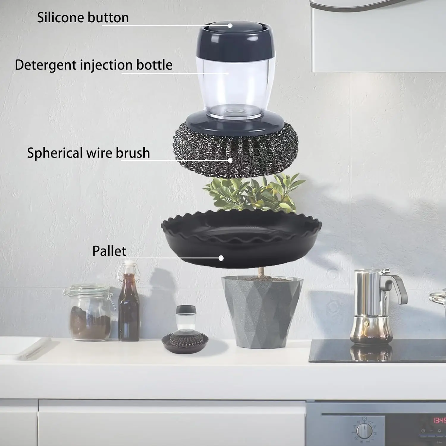 Soap Dispensing Palm Brush for Pot Pan Sink Cleaning Tableware Kitchen Scrubber with PET Replacement Balls One Set Kitchen Pot Brush Kitchen Cleaning Brush Kitchen Cleaning Tool