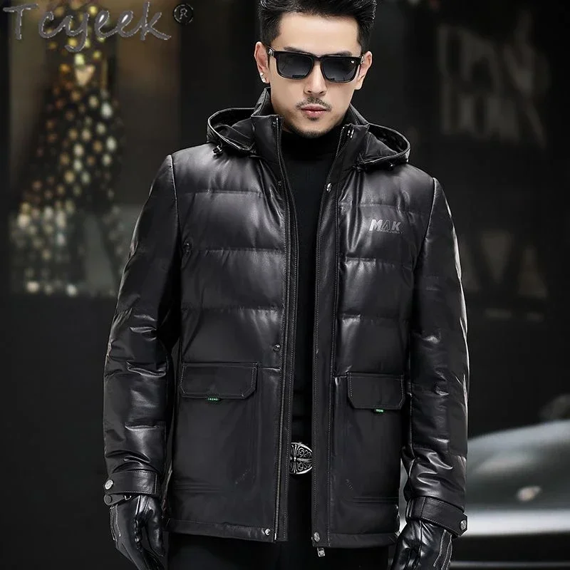 Tcyeek Genuine Leather Jacket Men 2023 New Real Cowhide Pure Leather Coats Thickened 90% White Duck Down Jackets Man Clothing