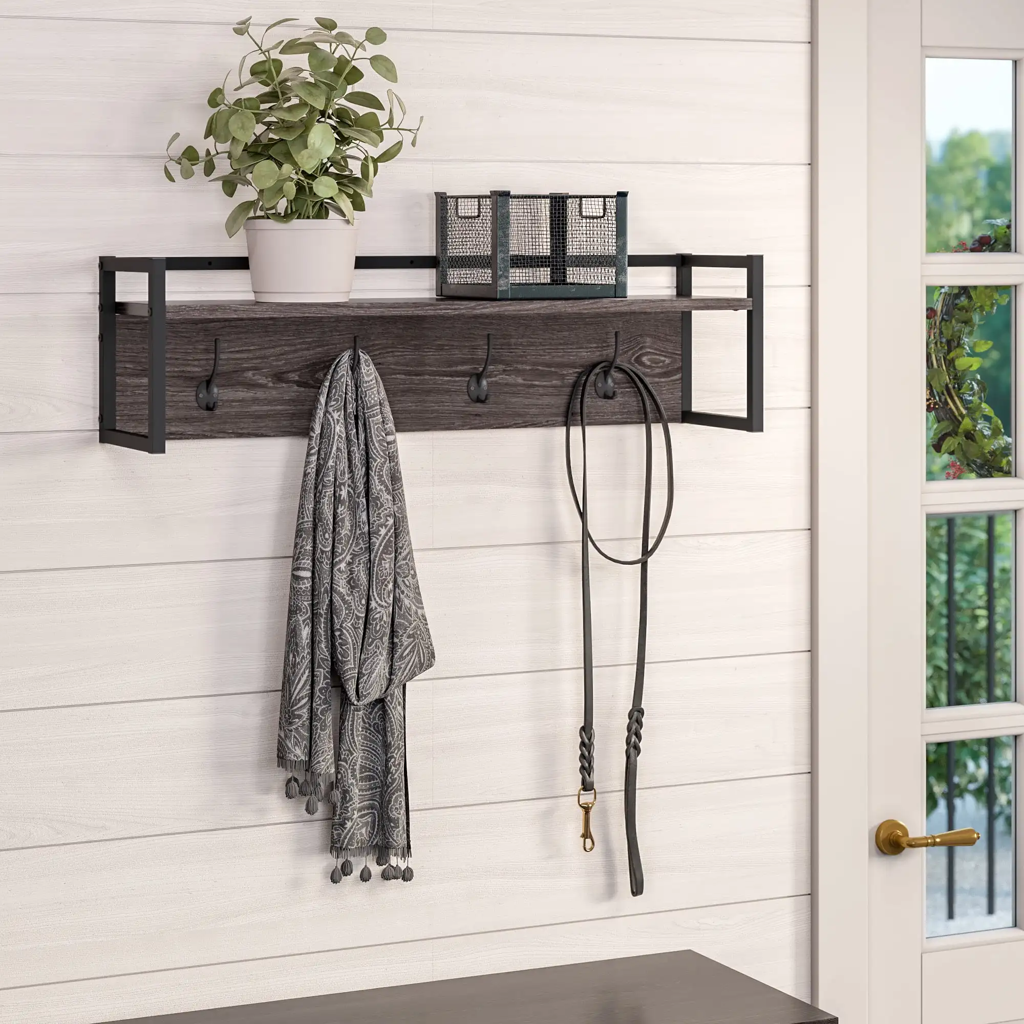 

RiverRidge Home Afton 4-Hook Metal Frame Wall Shelf in Dark Weathered Wood Grain