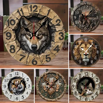 Wilderness And Animals Wooden Round Silent Hanging Wall Clock,Suitable For Living Room,Office,Study Room,Bedroom,Home Decoration 1