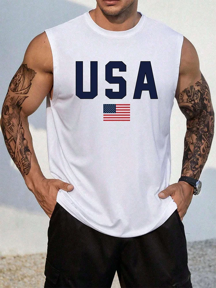USA Flag Print Men's Tank Top Summer Casual Men's Loose Sleeveless T-shirt Outdoor Sports Fashion Street Tank Top