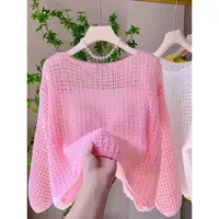 Ladies' Loose Knitted Long Sve Hollow out Thin Top Korean Sle Spring Summer New Faion Transparent Sun Protection irt