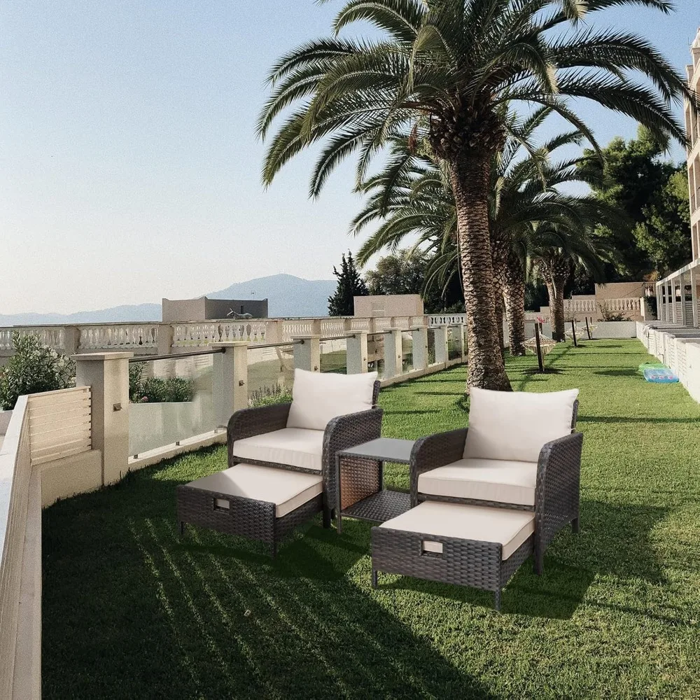 Piece Patio Conversation Set, PE Wicker Rattan Outdoor Lounge Chairs with Soft Cushions 2 Ottoman&Glass Table, Garden Sofas 2