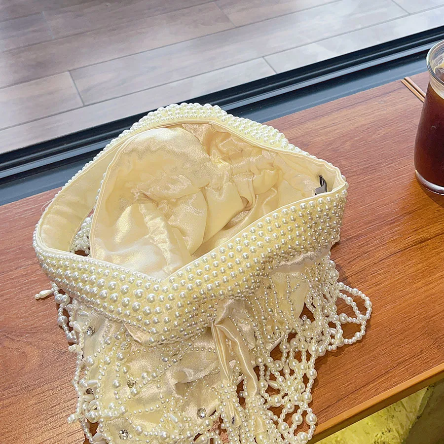 Handmade Pearl Bead Handbag Tassel Bucket Luxury Silk Bag Women Woven Party Wedding Evening Small Box Basket Bag