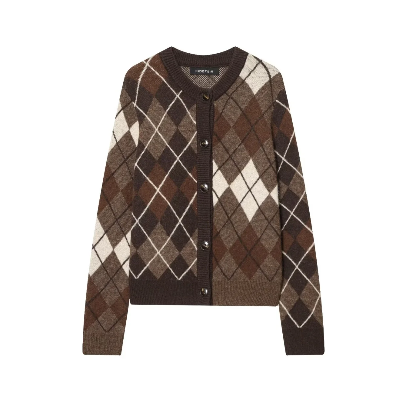 Women British Vintage Casual Argyle Knitted Cardigan Female O-Neck Long Sleeved Sweater Coat Commute High Street Knitted Top