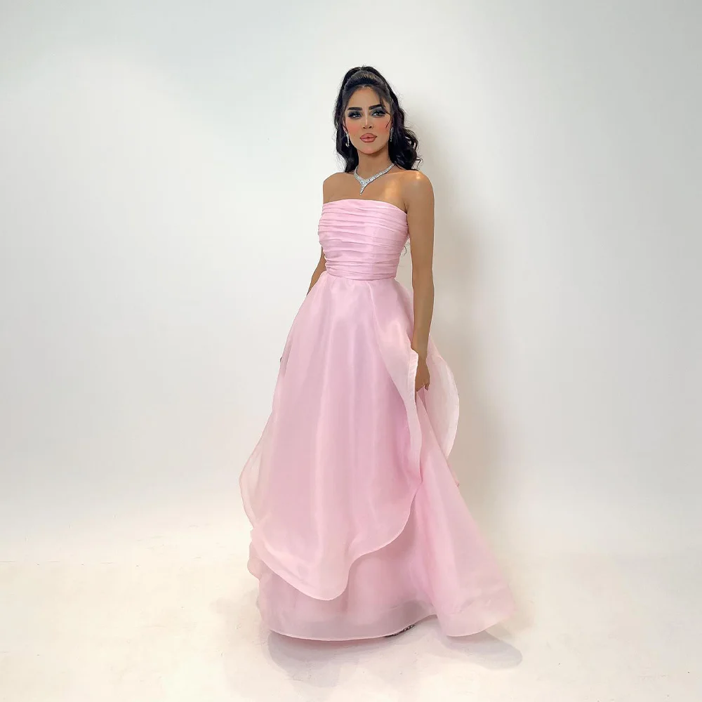 

Pink Organza Evening Dresses for Women Pleats Strapless A Line Formal Prom Dress Arabian Dubai Evening Party Gowns Floor Length