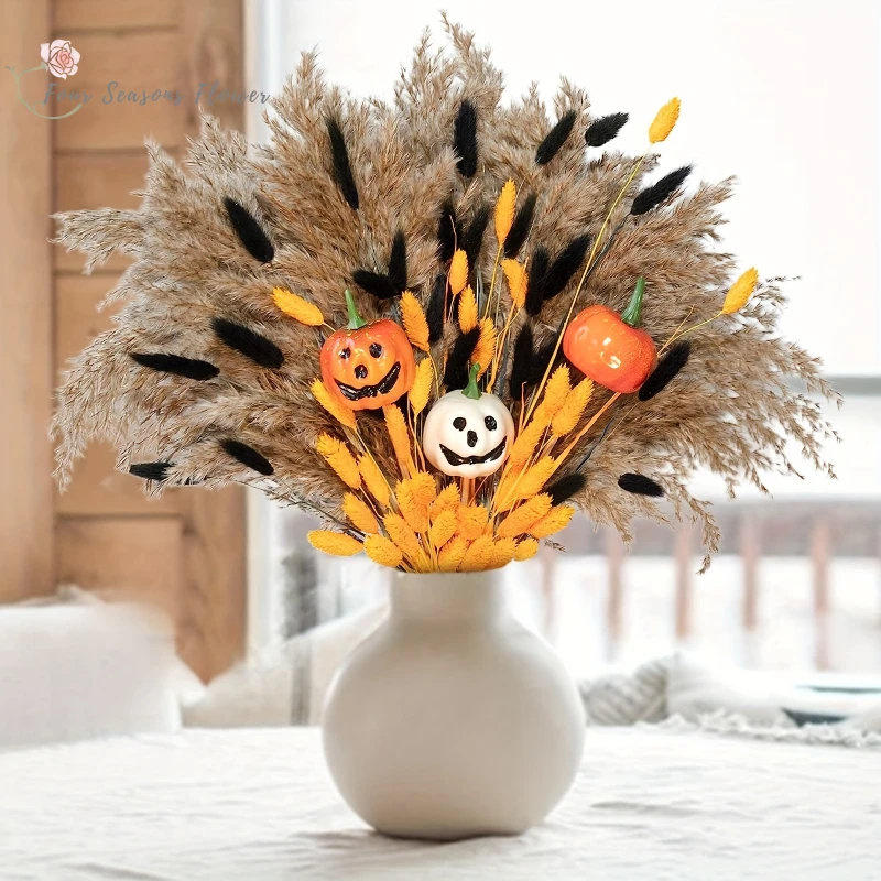 

100PCS Halloween Decor Dried Flower Bouqeut Pampas Grass Wedding Party Table Decoration Artificial Flowers Home DIY Accessories