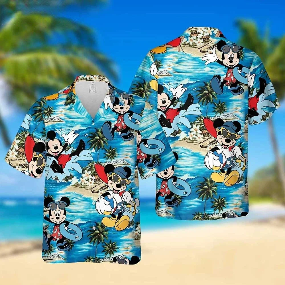 

2024 New Summer Disney Hawaiian Shirt Summer Beach Trip Family Wear Men's And Women's Clothing Mickey Mouse Shirt