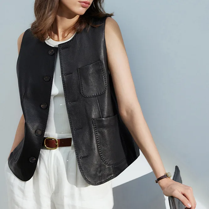 

Genuine leather vest new sheep leather embossed grain pattern sleeveless single breasted casual outerwear vest for women