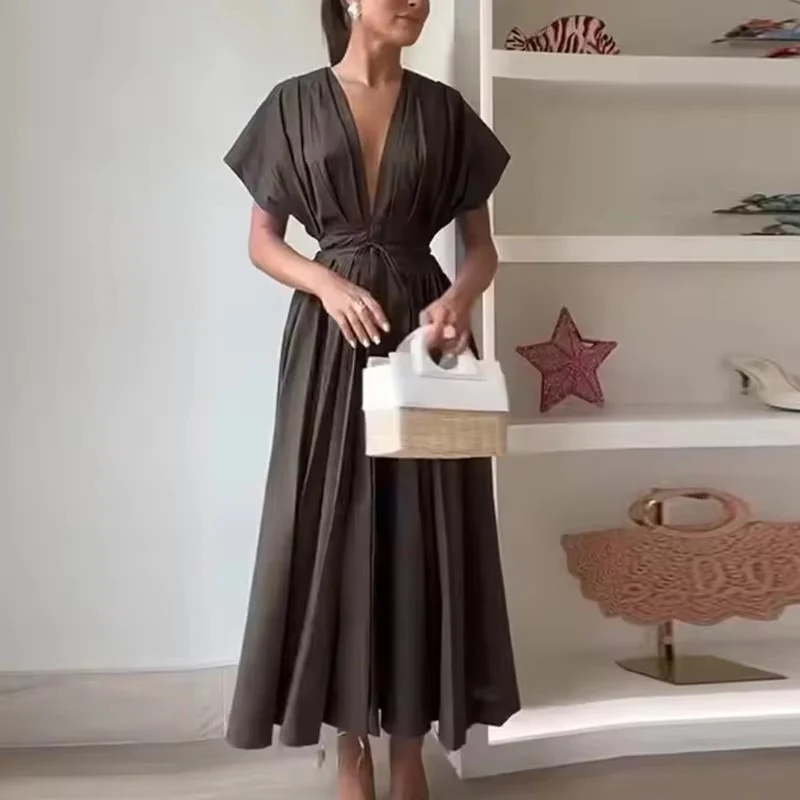 Vintage Casual Chic Pleated Lace Up Dress Women Fashion Short Sleeve Slim  Long Dresses Female Summer Holiday Party Dress