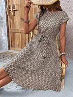 Elegant Print Lace-up Dress Summer Women Round Neck Pleated Medium Long Dress - Image 6
