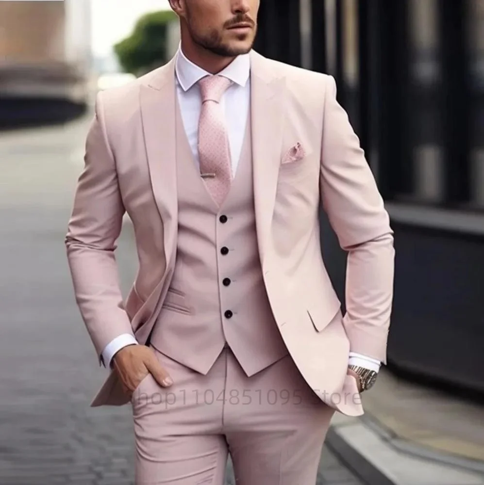 Classic Wedding Tuxedos Solid 3 Pieces Suits Slim Fit Groomsmen Suit Male Formal Business Men Clothing Party(Jacket+Vest+Pants)