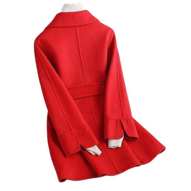 Double-Sided Felt Coat Female Autumn Winter 2023 New Small Camel Lace-up off the Shoulder Sleeve Loose Women's Coat Solid Color