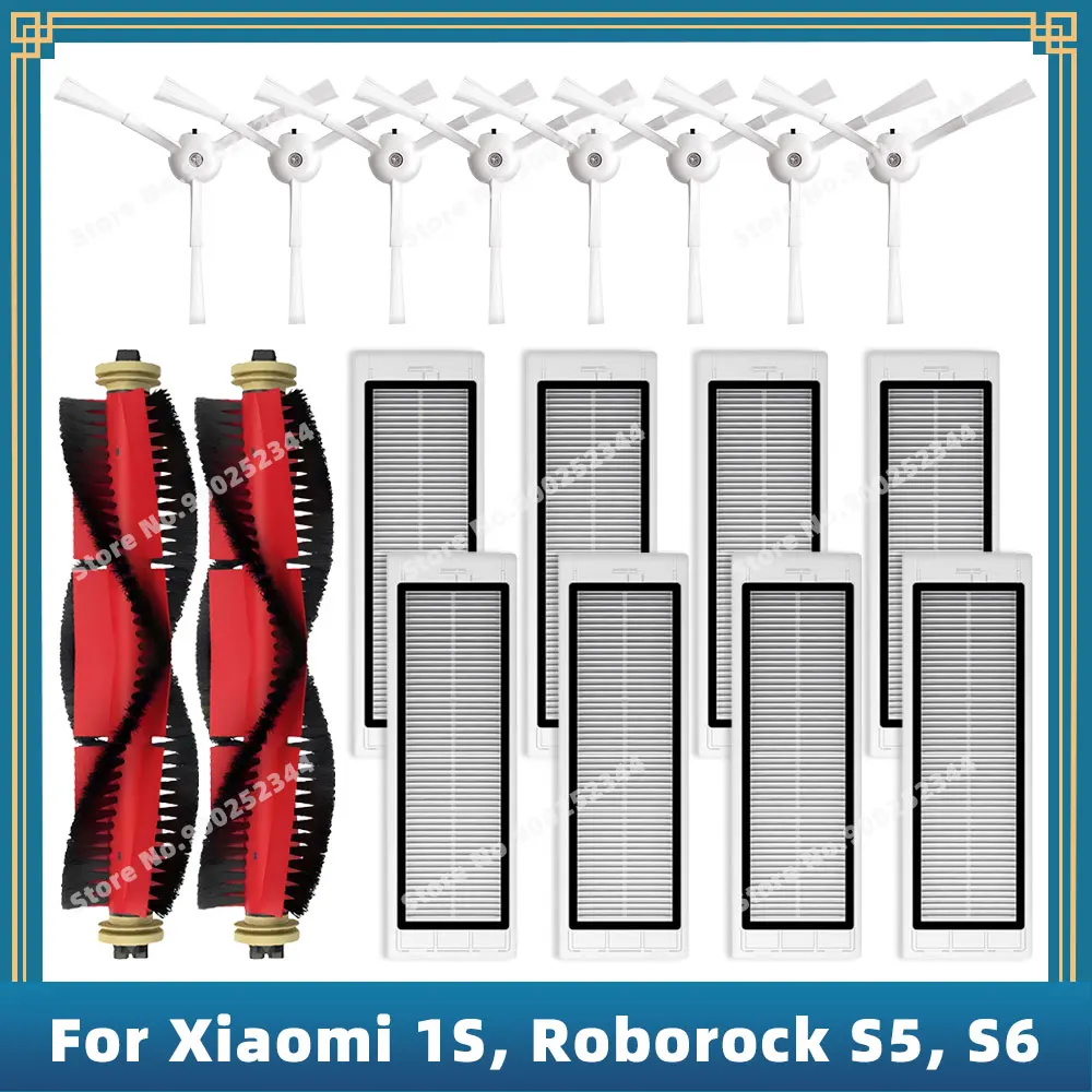 Compatibel met Xiaomi Mi Robot Vacuum Cleaner 1S, SDJQR01RR, SDJQR02RR, SDJQR03RR / Roborock E2 E3 E4 E5 S4 S5 S50 S502-00 S502-02 S6 Max Pure MaxV Vervangende onderdelen Accessoires Hoofdborstel Zijborstel Hepa-filter