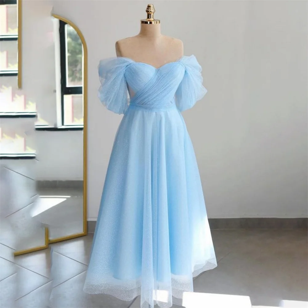 

Lily Tea Length Prom Dresses Off the Shoulder Celebrity Dresses Sweetheart Women's Evening Dress Tulle A Line Formal Gown 프롬 드레스
