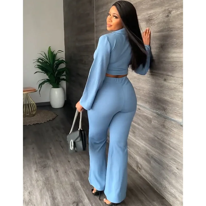 Elegant Work Wear Two Piece Set Women Clothes Button Office Crop Top and Flare Pants Suits Matching Sets Lady Sexy Club Outfits