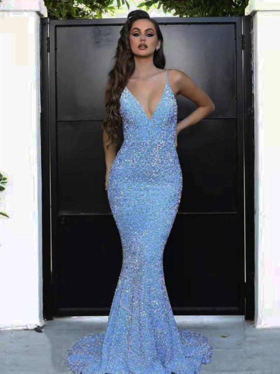 

Luxury Sequin Velvet V-neck Straps Evening Gown Padded Sexy Backless Sleeveless Long Mermaid Cocktail Party Prom Dress 2023