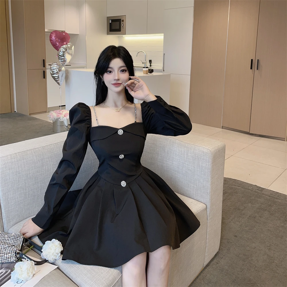 Korean Style Solid Mini Dress Women Long Sleeve Square Collar Spring Fashion High Waist Female Birthday Party Vestidos Mujer