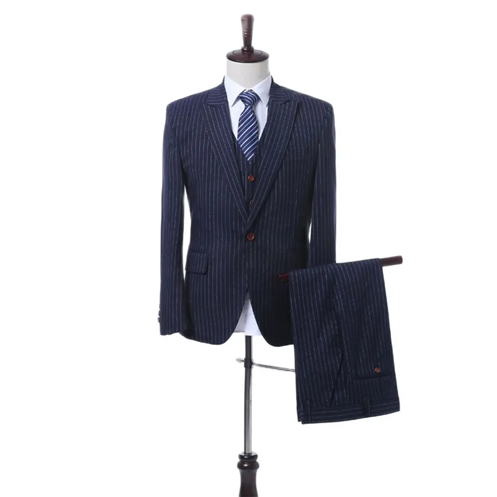 

Men's Suits Navy Blue Stripe Blazer Trousers Slim Fit Wedding Groom Tuxedo Prom Party Wear 3Pcs Jacket+Pants+Vest Homme Costume