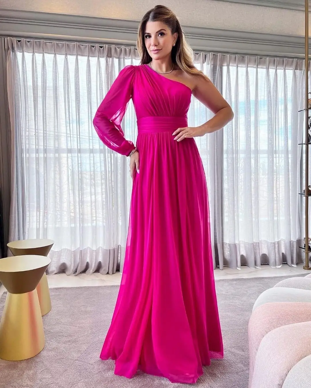 

Elegant Chiffion Prom Gown Long A-Line Prom Dresses One Shoulder Pleat Floor Lemgth Evening Dress Robe De Soirée De Party Gowns