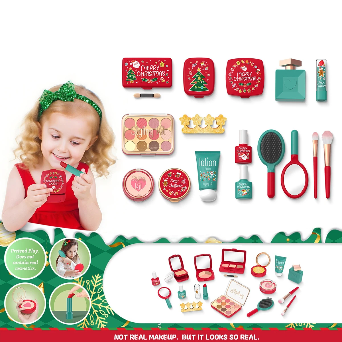 Children's Makeup Toy Set Simulated Pretend Play Beauty Makeup Box Eye Shadow Blush Christmas Theme Gifts for Girls Non-toxic