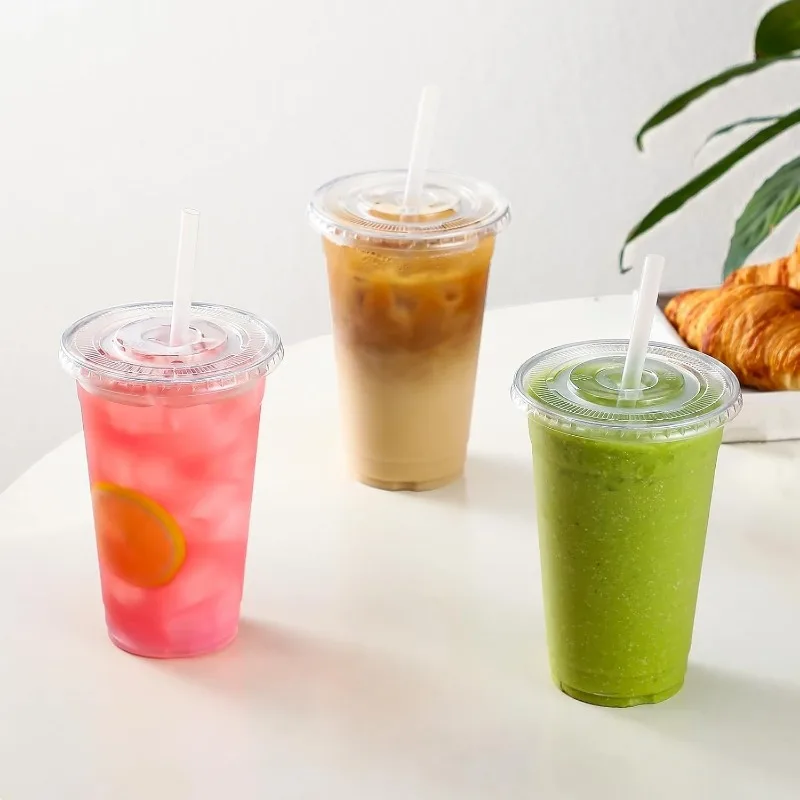 Plastic Cups 50PCS Clear Disposable Plastic Cups Flat Lids Drinking Cup for Party Wedding Ice Coffee Milkshakes Smoothies Cold Drinks