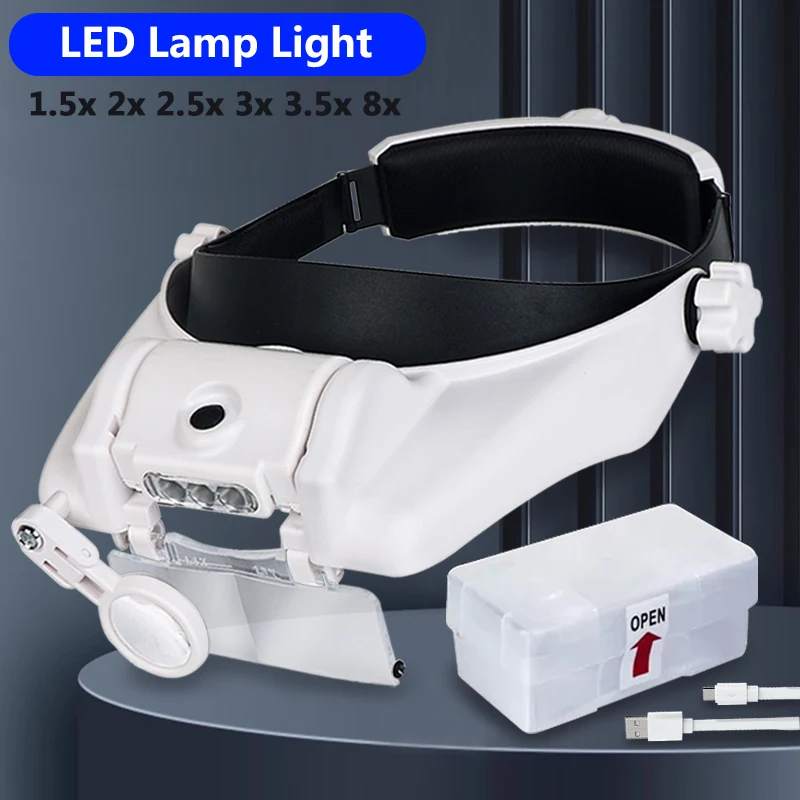 Headband Magnifier with LED Light Head Mount Magnifier Glasses Light Bracket for Handsfree Reading Jewelry Loupe Watch Repair Sewing Lash Extension