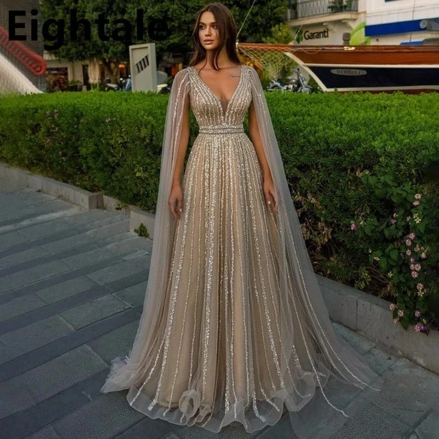 

ANGELSBRIDEP A Line Champagne V Neck Long Evening Dresses For Wedding Party Sparkly Sequined Formal Dubai Prom Dress With Cape