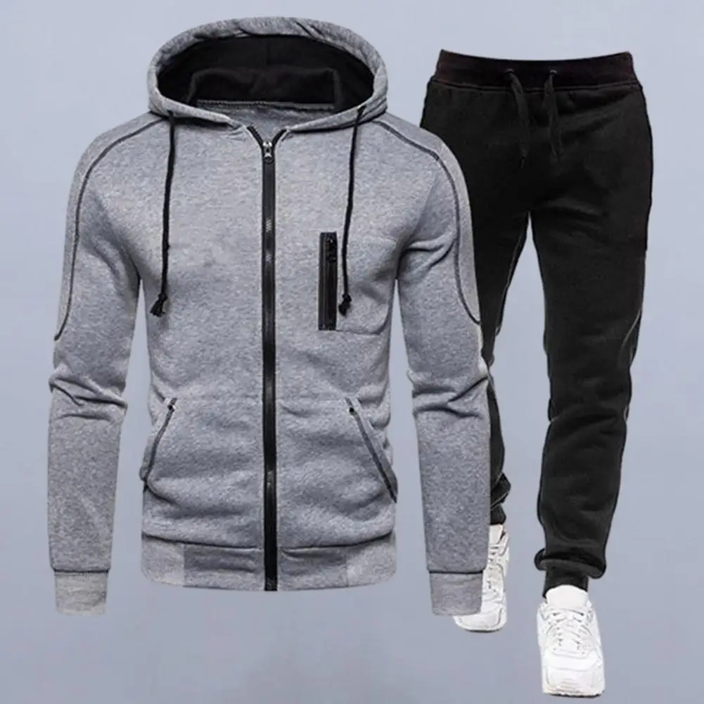 

2Pcs/Set Men Autumn Winter Casual Sportwear Hooded Drawstring Zipper Placket Sweatshirt Coat Elastic Waist Jogger Pants Outfit