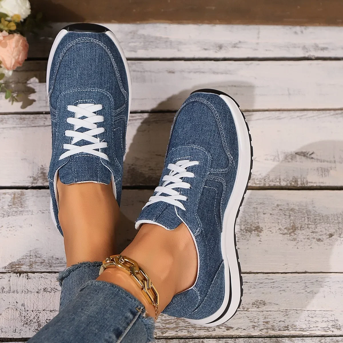 Blue Denim Platform Sneakers Women Fashion Thick Sole Lace Up Sports Shoes Woman Plus Size 43 Comfortable Casual Female Sneakers 5