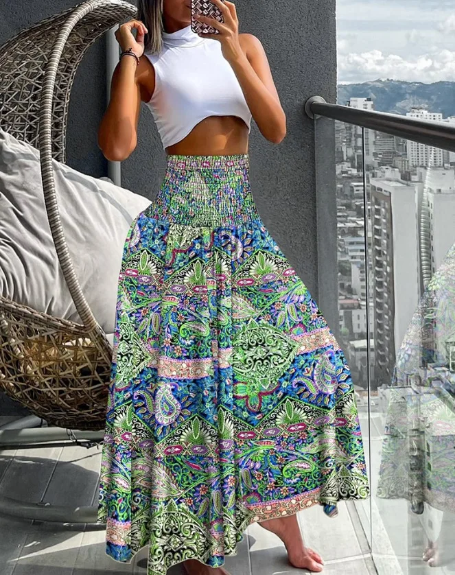 New Texas Republic Boho Print High Waist Skirt