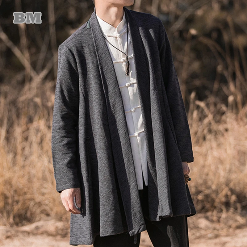 Chinese Traditional Dress Loose Plus Size Medium Length Cape Hanfu Men Clothing Oversize Cardigan Tai Chi Kung Fu Coat Male