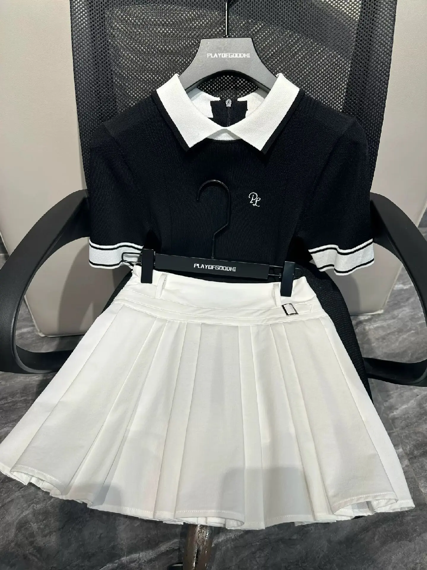 new women golf suit knitted short sleeve slim-fit polo shirt high elastic top sports outdoor tennis pleats skirt thin