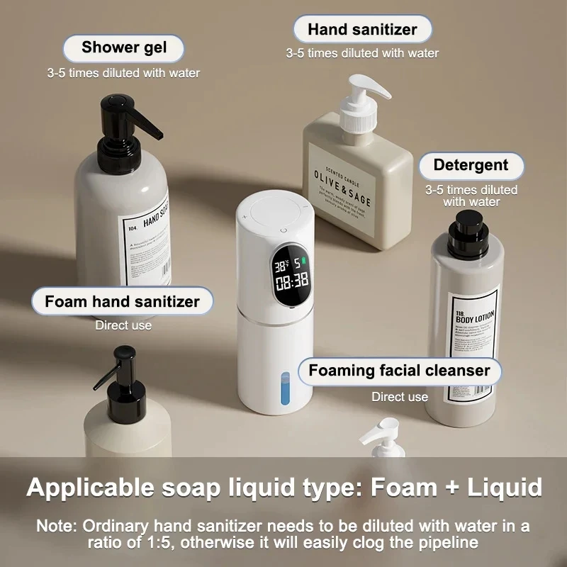 Soap Dispenser Hand Sanitizer Dispenser Refillable Bottle Soap Dispenser Bottle Foaming Soap Dispenser Refillable Plastic Bottles Foam Pump Bottle Smart Soap Foam dispenser 5 Gear Touchless 320ml Temperature Time Display Automatic Infrared Sensor
