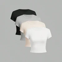 Lot de 4 T-shirts ajustés à manches courtes de couleur unie pour femme – Style décontracté et minimaliste pour l'été – Col rond 1