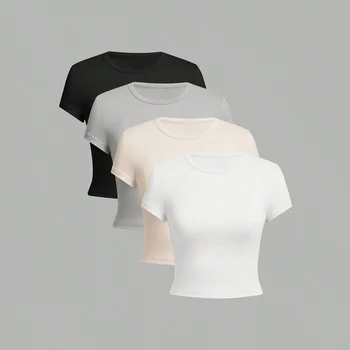 4 pieces Solid color basic short sleeved tight fitting T-shirt for women's casual summer minimalist women's style top O-neck 1