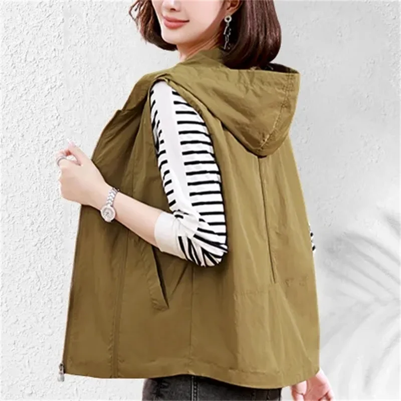 

[Lined Cloth] Hooded Casual Vest Coat Women's 2023 Autumn/Summer New Loose Zipper Sleeveless Waistcoat Mom Thin Top Lady
