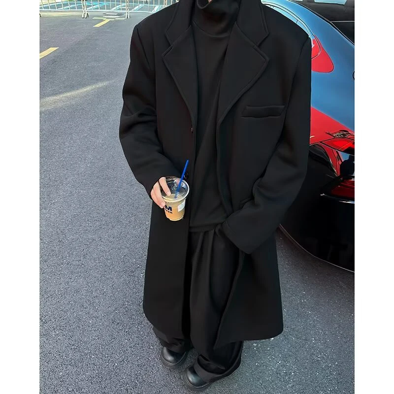 FEWQ Mid Long Woolen Coat Autumn Winter Men's Korean Fashion Loose Casual Versatile Over The Knee Male Trench 24E5306 4