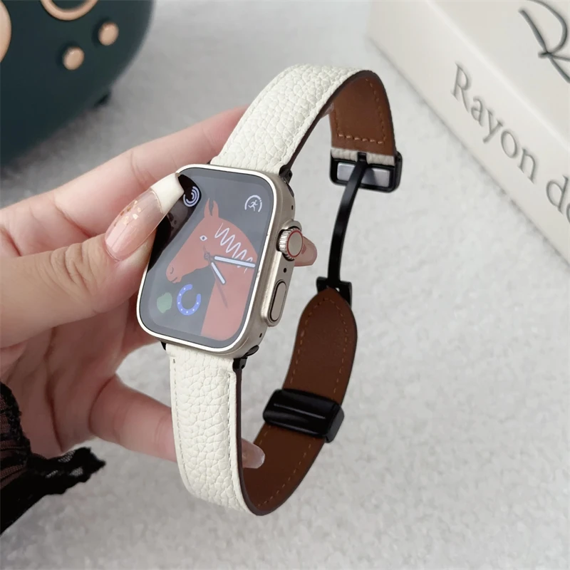 

Ремешок магнитный для Apple watch band 44 мм 40 мм 45 мм 41, браслет из натуральной кожи для iWatch series 9 8 7 6 se ultra 2 49 мм, аксессуары
