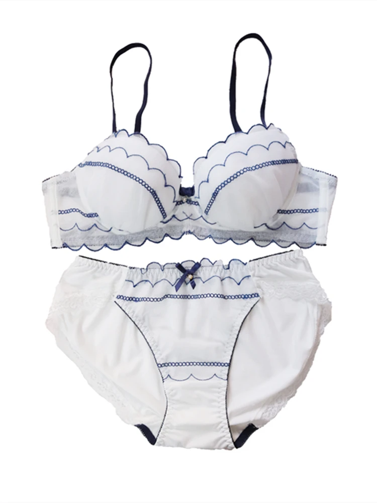 Simple Lingerie Set Sweet Mesh Embroidery Japanese Cute Lolita  Girls Underwear With Steel Rings Gathered Large Size Bra Sets
