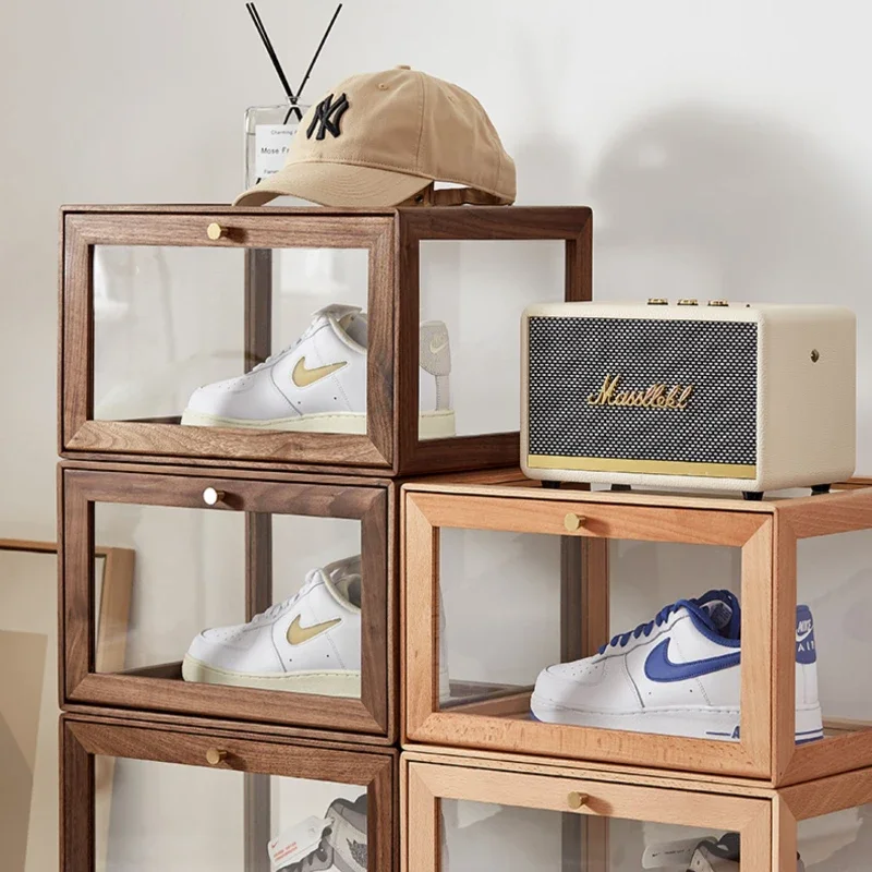 Solid Wood Shoe Box Shoes Transparent Storage No-install Cabinet Acrylic Shoe Wall Display Case Organizer and Storage