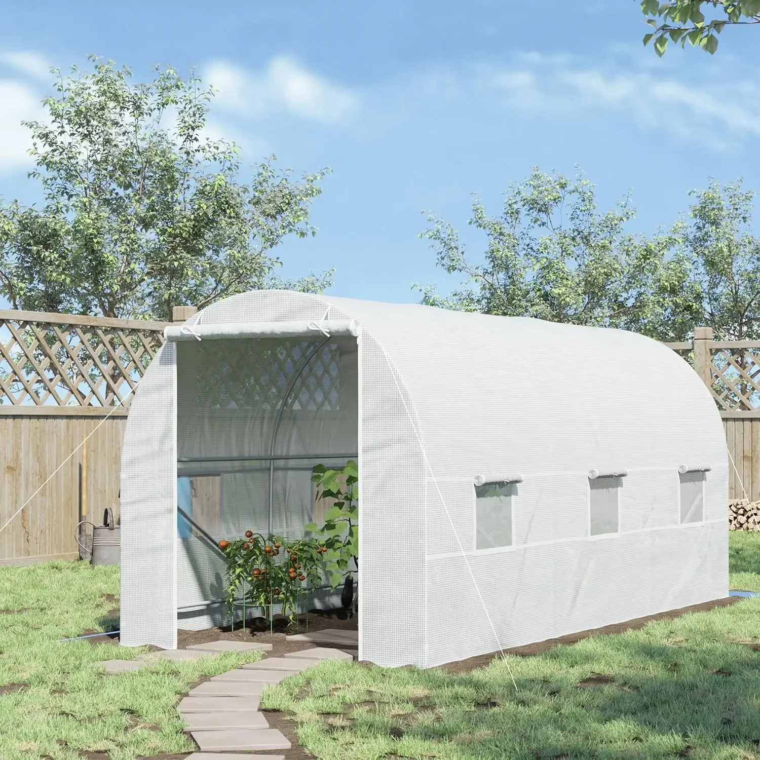 15' x 7' x 7' Walk-in Tunnel Greenhouse, Large Garden Hot House Kit with 6 Roll-up Windows & Roll Up Door, Steel Frame, White