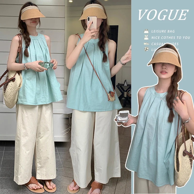 Summer Maternity Clothes Set Sleeveless Pleated Shirts Wide Legs Belly Trousers Twinset Cool Pregnant Women's Pants Suits