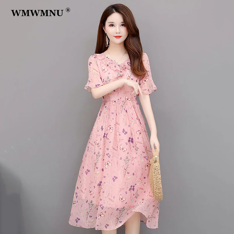 

Fashion Ruffles Chiffon Floral Dress Women Summer Korean Short Sleeve A-Line Beach Dresses Vestidos De Mujer Casual Elegante