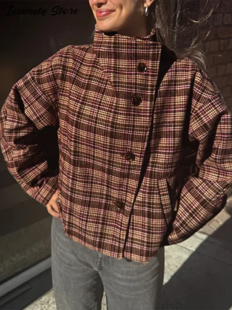 Fashion Plaid Coats Women's Stand Collar Single Breasted Long Sleeve Vintage Jacket 2026 Spring New Lady Casual Loose Overcoat 2
