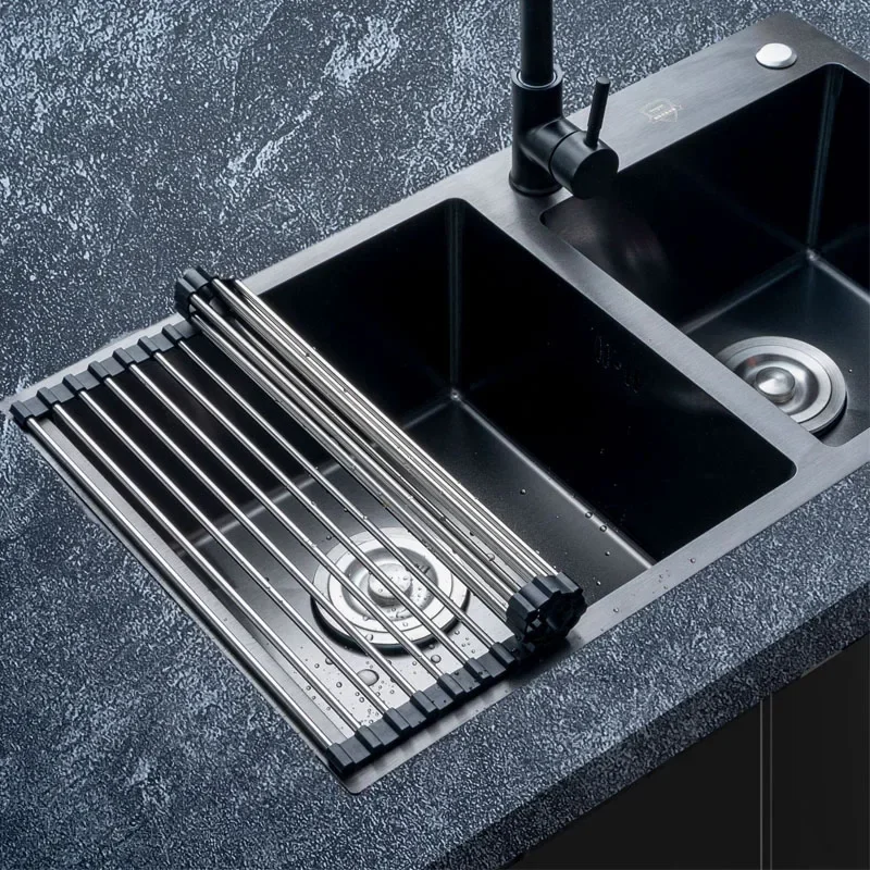 Kitchen Roller Shutter Drain Rack 304 Stainless Steel Bowl Fruit Vegetable Dish Holder Sink Storage Folding Roller Shutter Racks 3