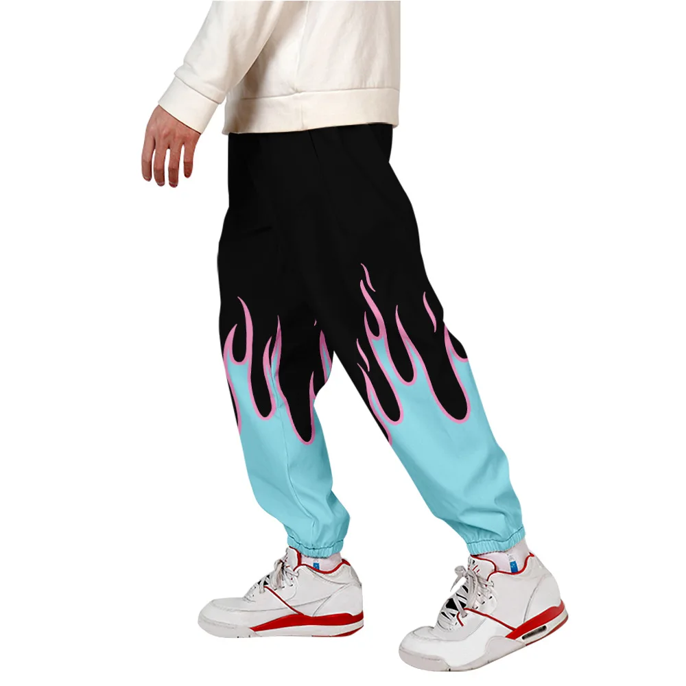 Calça de moletom estampado em 3D, chama vermelha e amarela, rua alta, calças anime, corredores fitness, moda primavera, nova moda