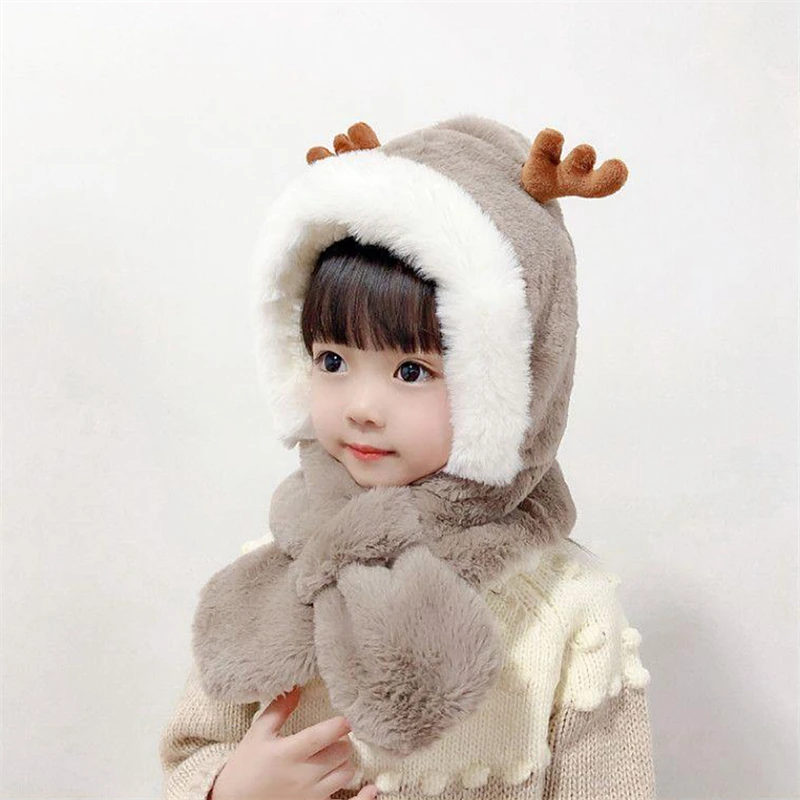 Winter baby fur scarf hats cartoon hooded boys girls bunny cap beanies children kids warm plush earflap bonnet hat for newborns