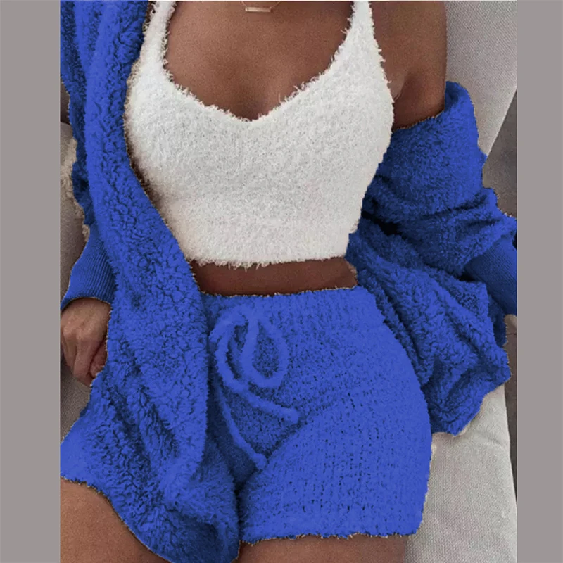 co ord sets women Three Piece Sexy Fluffy Outfits Plush Velvet Hooded Cardigan Coat+Shorts+Crop Top Women Tracksuit Sets Casual Sports Sweatshirt shorts co ord Women's Sets